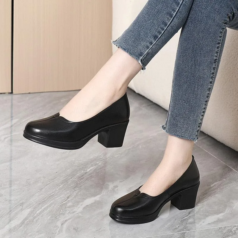 GR323 Fashion Pumps: Leather Women's Casual Shoes With Thick Heels