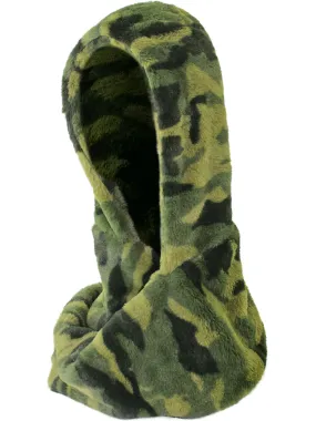 Green Camouflage Print Faux Fur Hooded Cowl Head Scarf