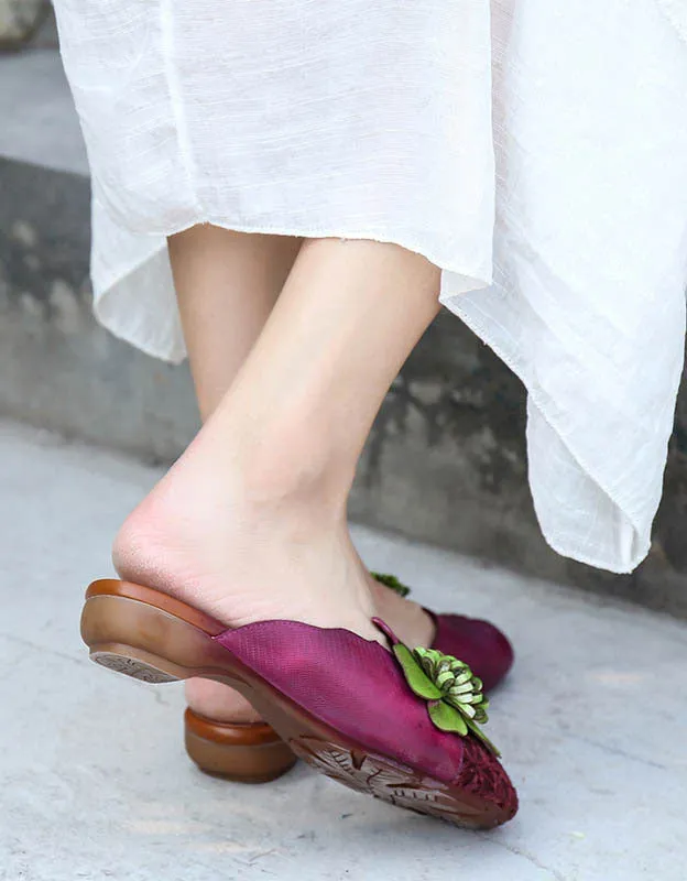 Handmade Leather Flower Comfortable Retro Slippers