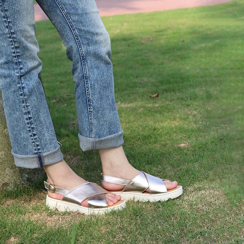 Handmade Leather x strap Sandals in Pink/Brown/Black/Golden/Beige- Womens Platform Slingback