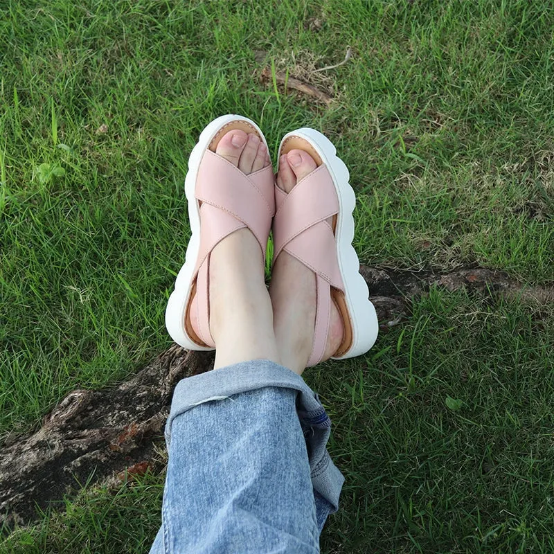 Handmade Leather x strap Sandals in Pink/Brown/Black/Golden/Beige- Womens Platform Slingback