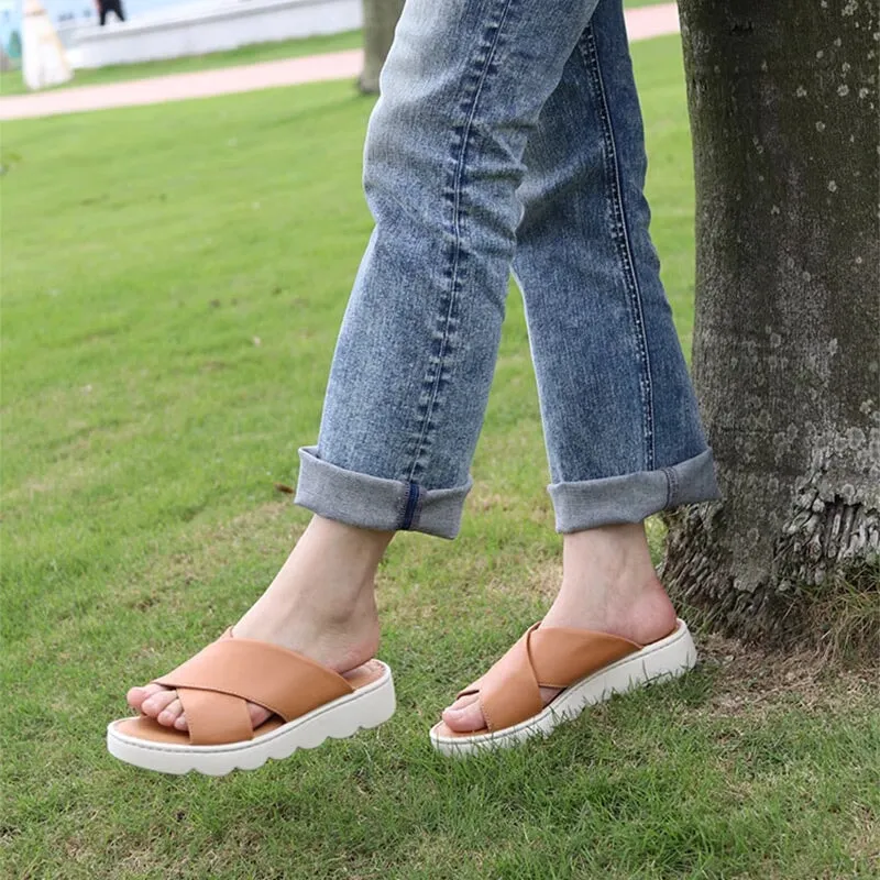 Handmade Leather x strap Slippers in Nude/Brown/Black/Golden- Womens Platform Slingback