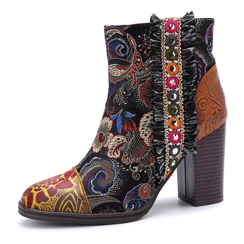 Handmade Retro Floral Ethnic Chunky Boots 36-42