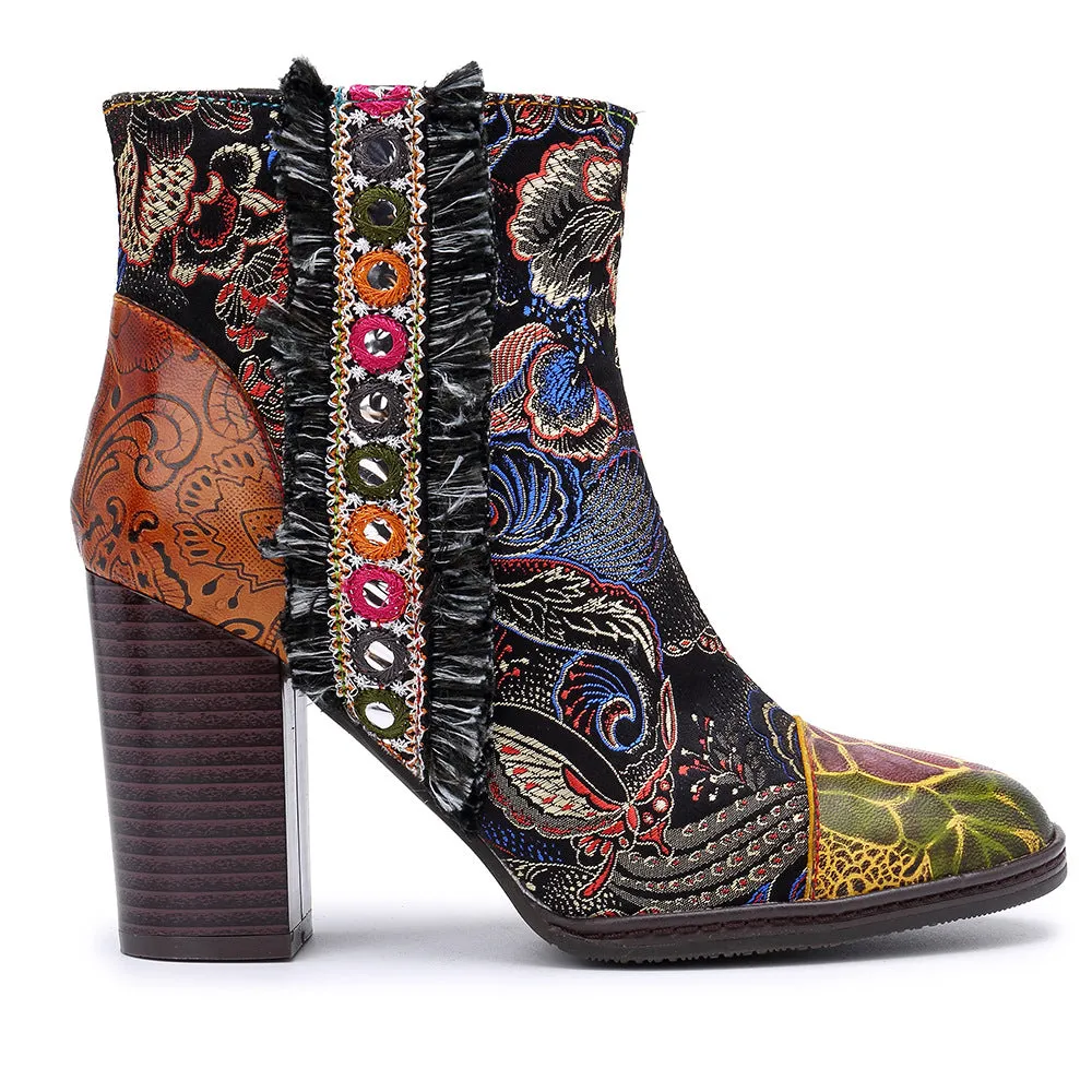 Handmade Retro Floral Ethnic Chunky Boots 36-42