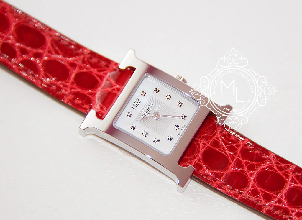 Hermes Diamond H Hour Watch PM Braise Ferrari Red Crocodile Strap