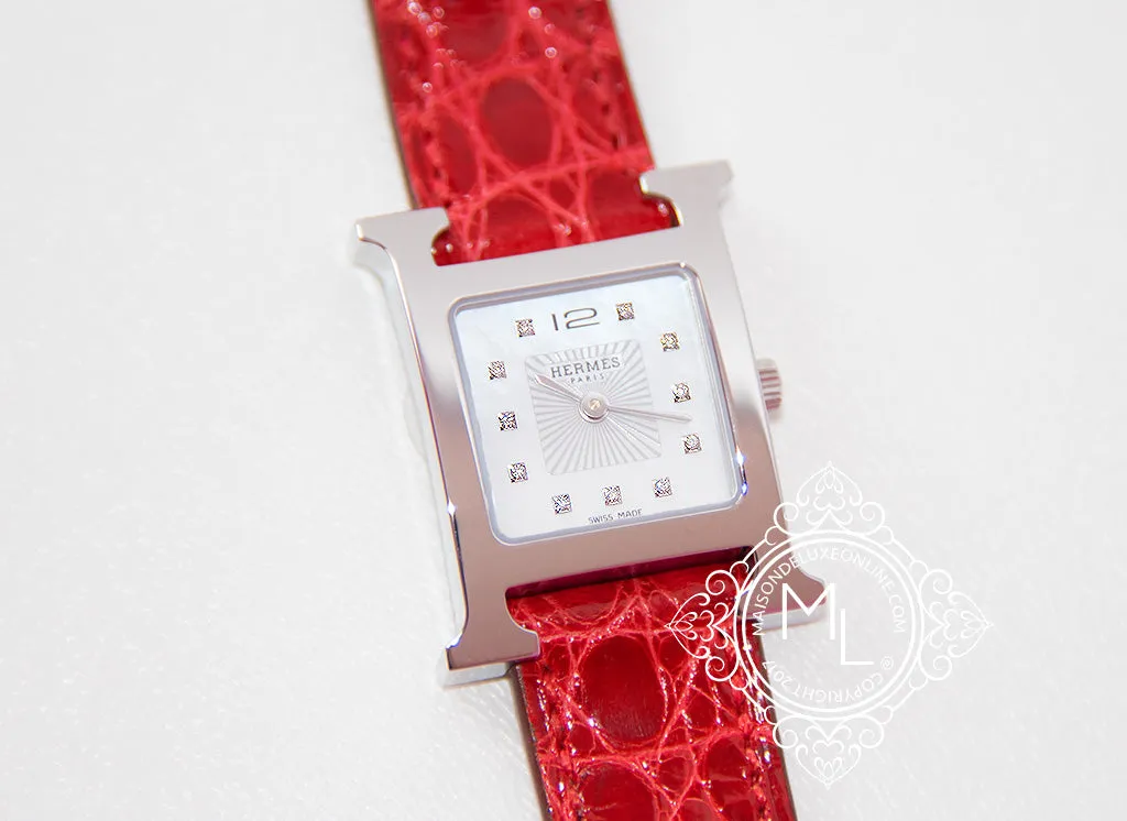 Hermes Diamond H Hour Watch PM Braise Ferrari Red Crocodile Strap