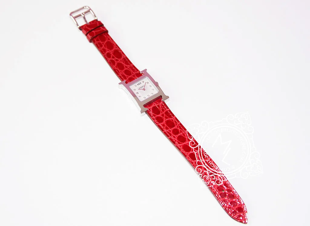 Hermes Diamond H Hour Watch PM Braise Ferrari Red Crocodile Strap