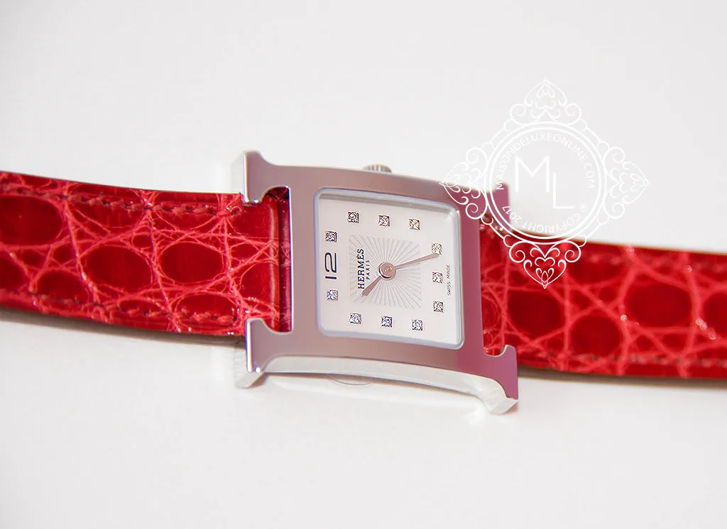 Hermes Diamond H Hour Watch PM Braise Ferrari Red Crocodile Strap