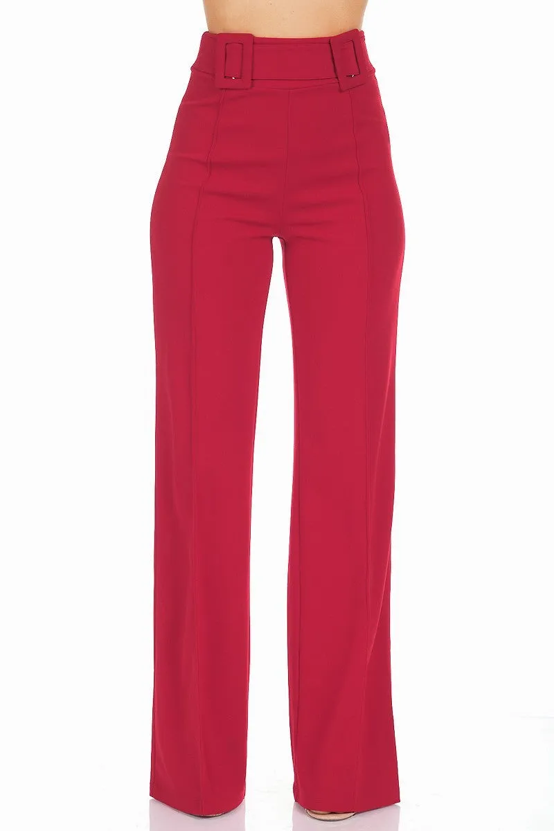 HIGH WAIST PANTS WITH SELF FABRIC BUCKLE DETAIL ON THE WAIST