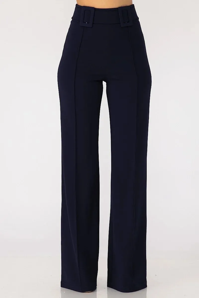 HIGH WAIST PANTS WITH SELF FABRIC BUCKLE DETAIL ON THE WAIST