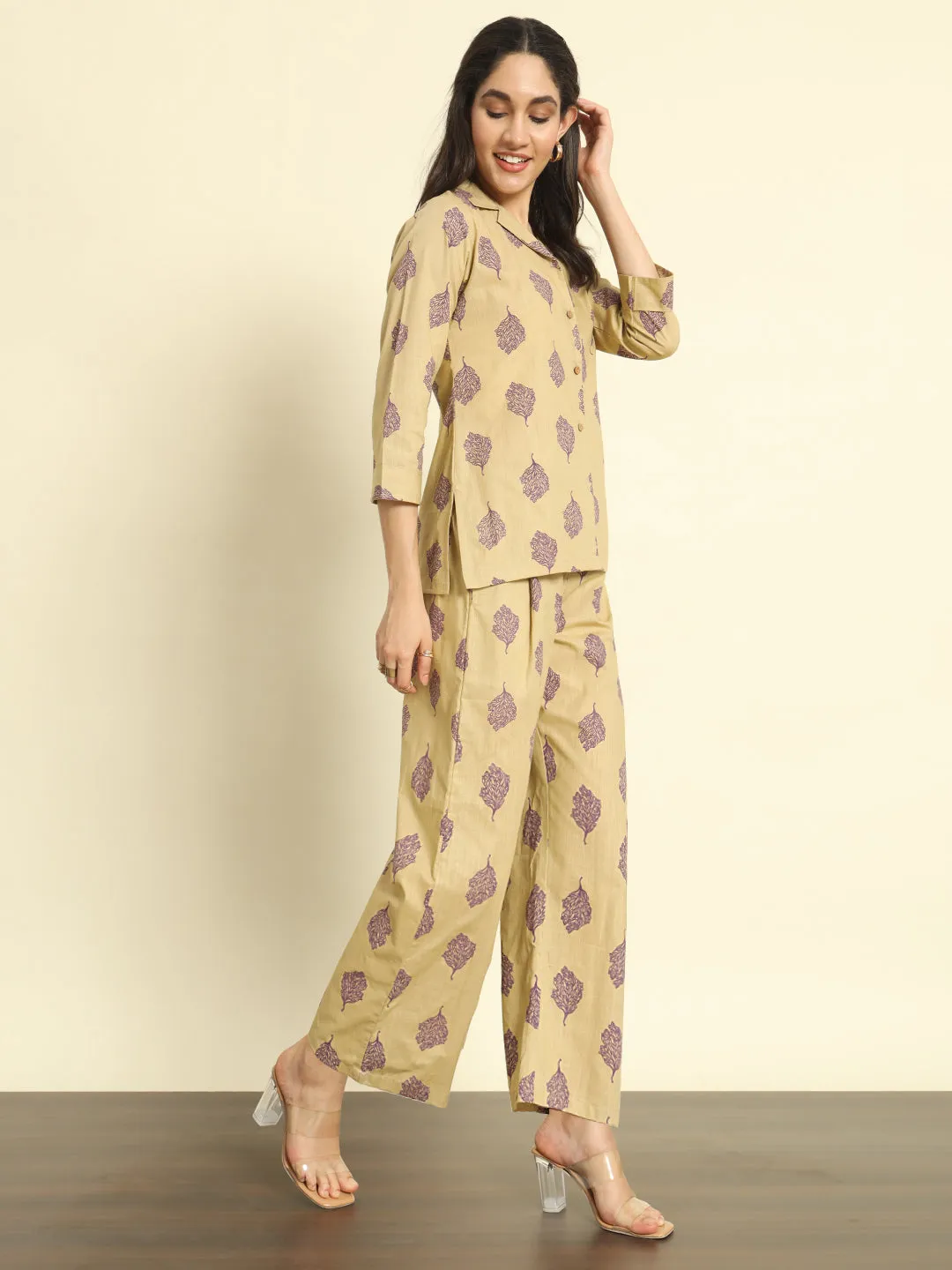 Khaki Printed Linen Pants