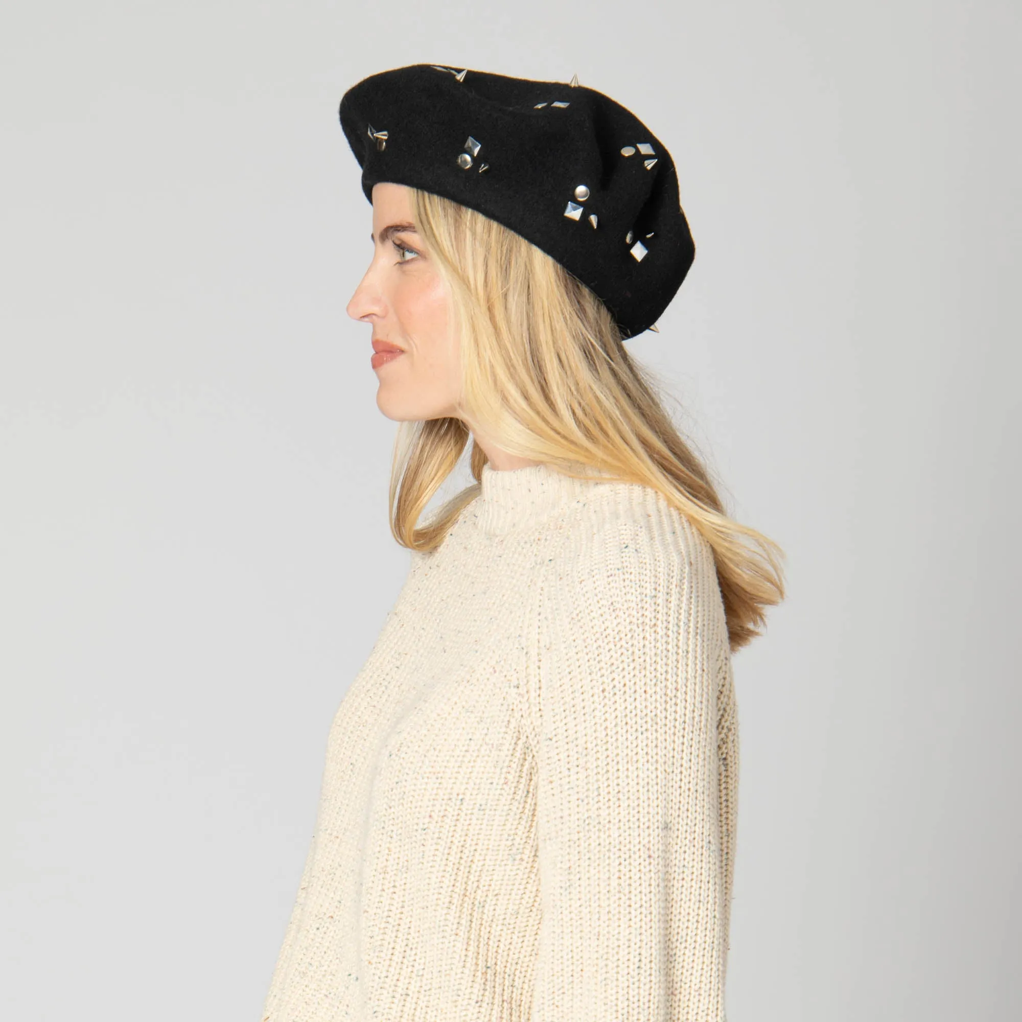 Last Night - Wool Blend Beret  with Metallic Stud Clusters