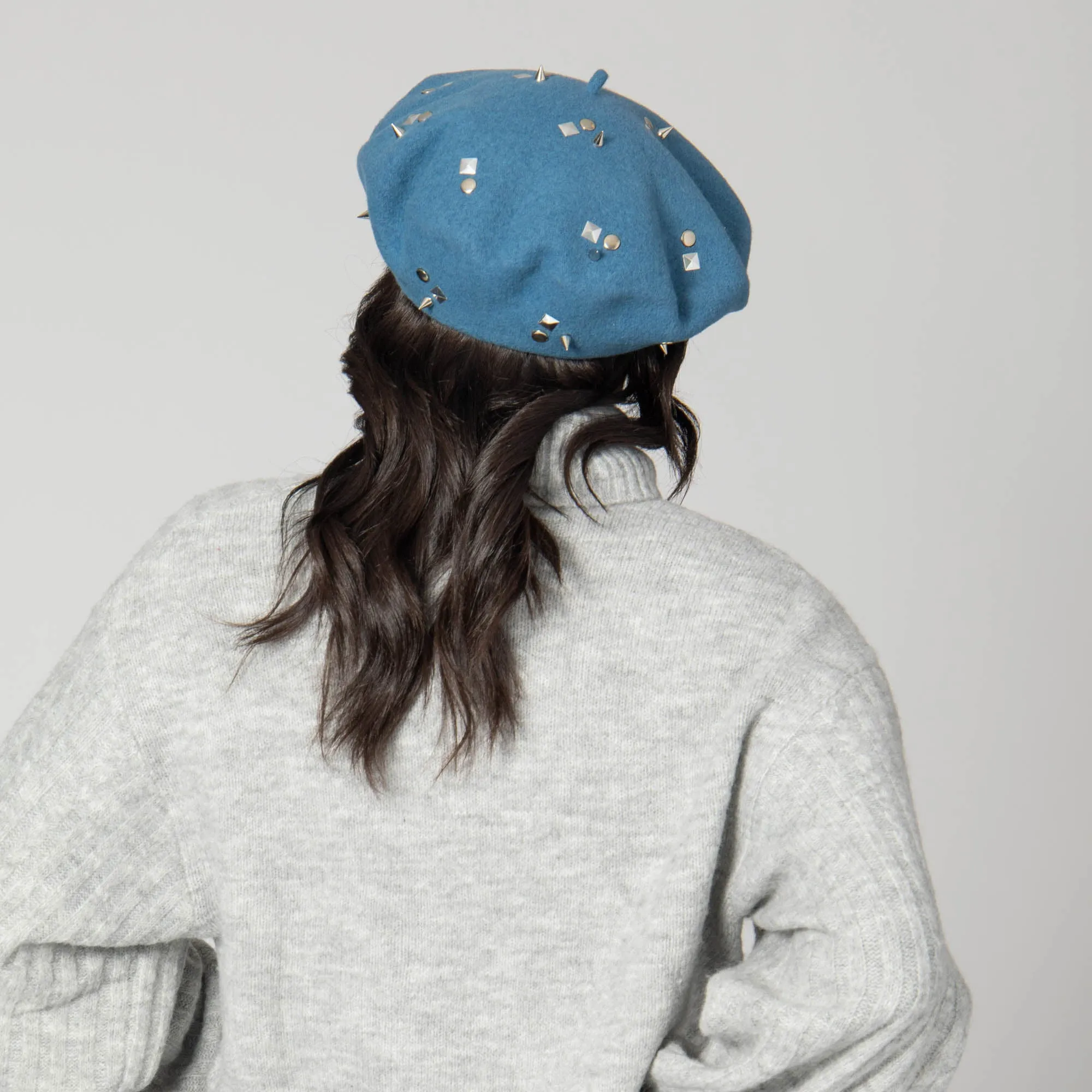 Last Night - Wool Blend Beret  with Metallic Stud Clusters