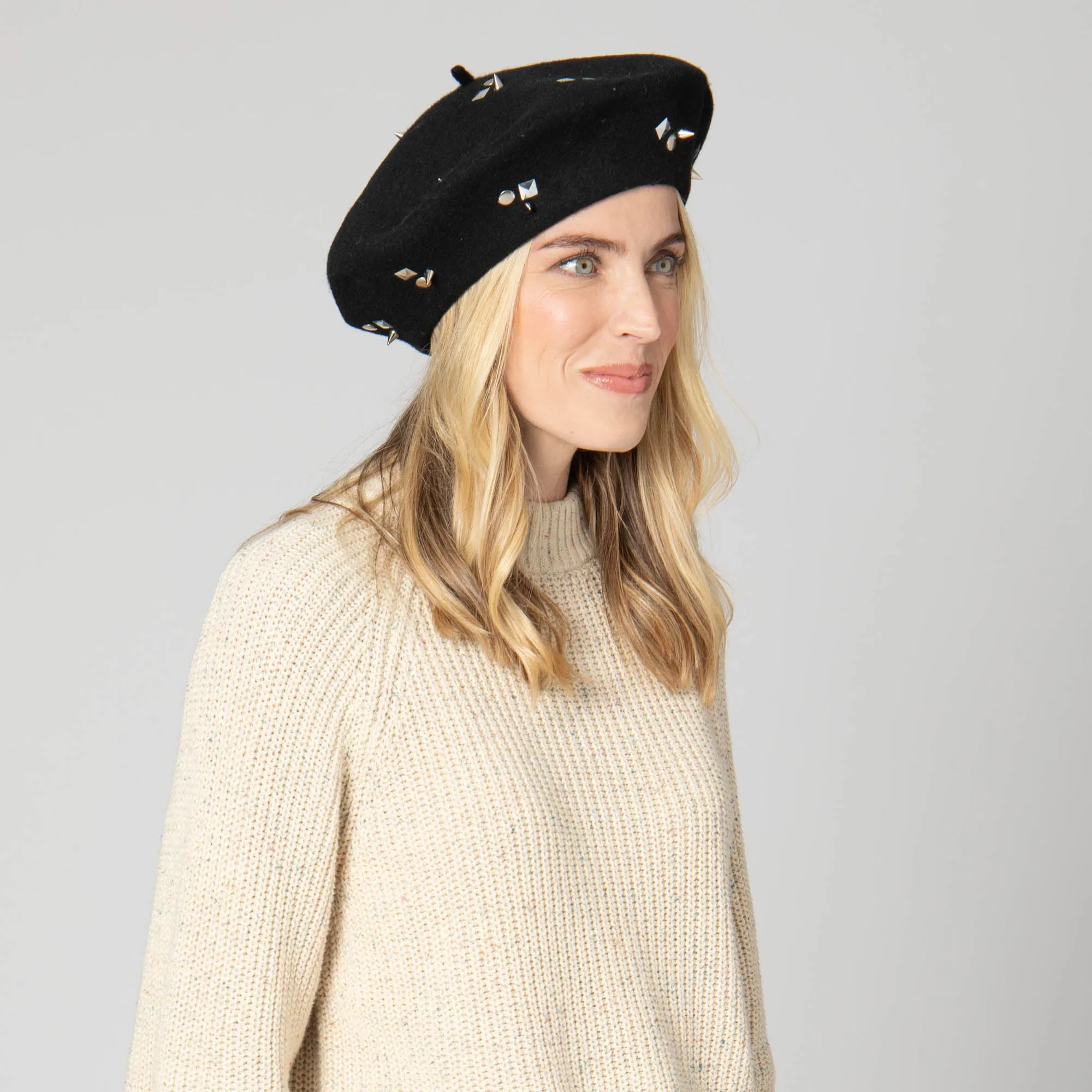 Last Night - Wool Blend Beret  with Metallic Stud Clusters