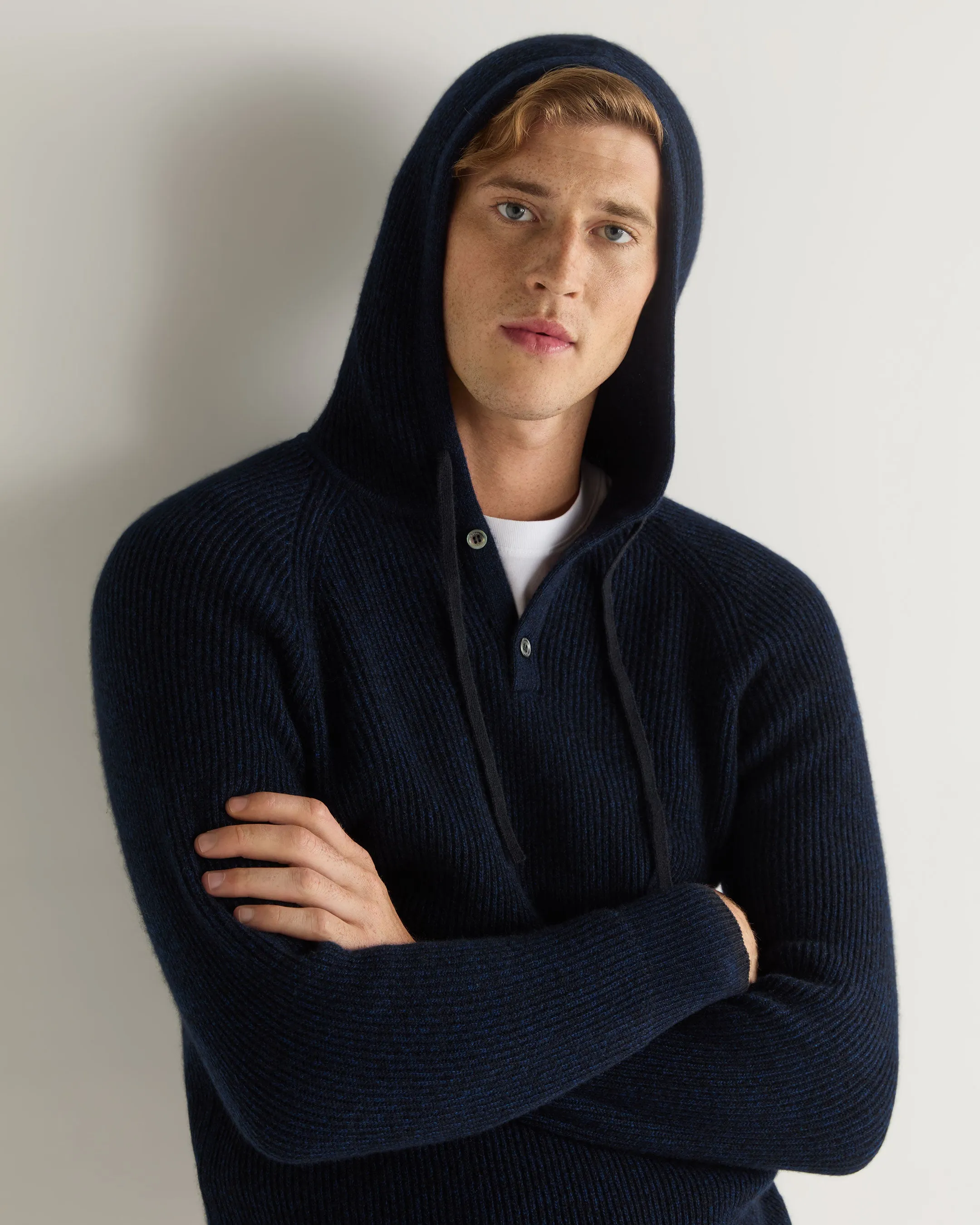 Men's Balham Rib Hooded Cashmere Jumper Navy Blue Melange