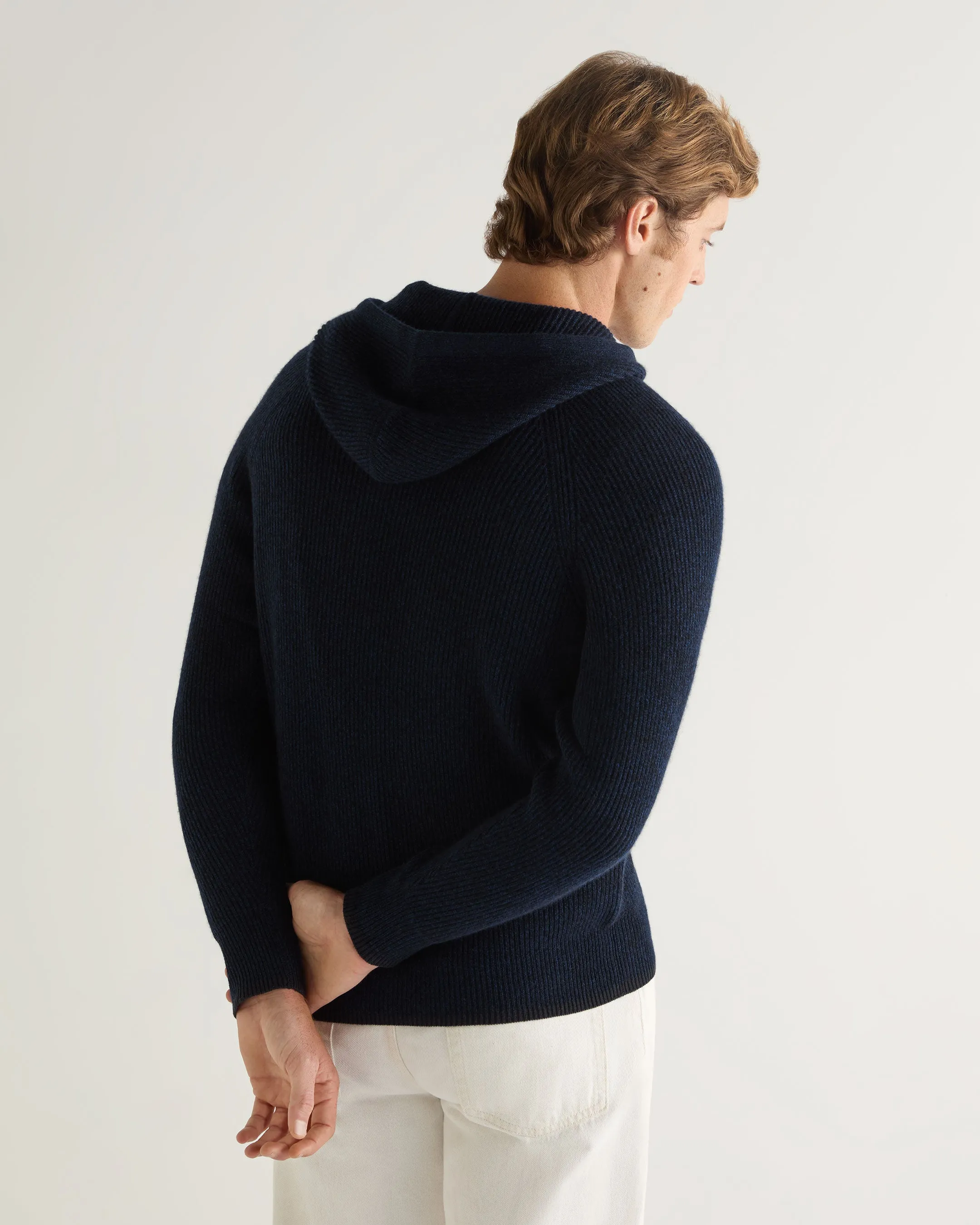 Men's Balham Rib Hooded Cashmere Jumper Navy Blue Melange