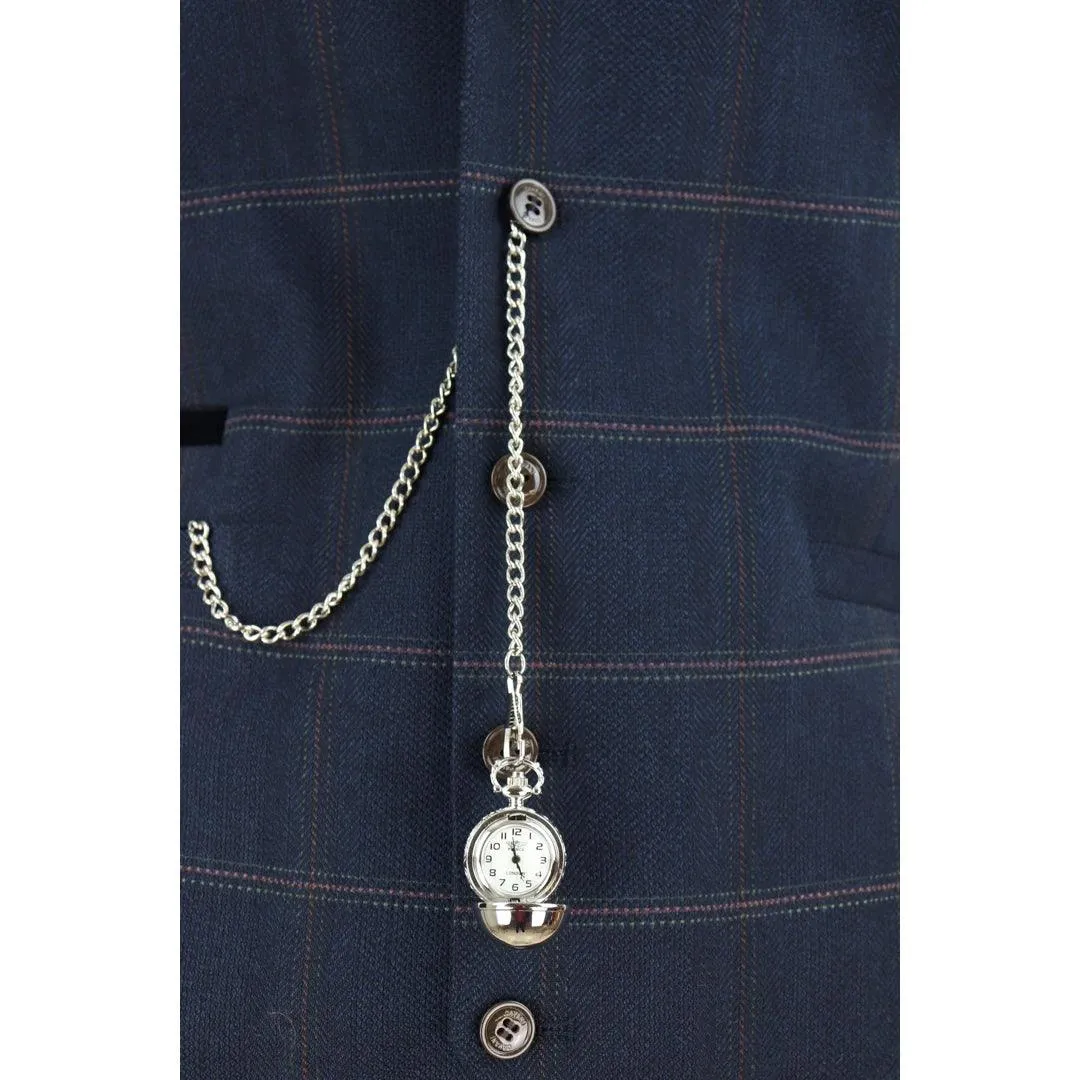 Mens Navy Check Waistcoat with Pocket Watch