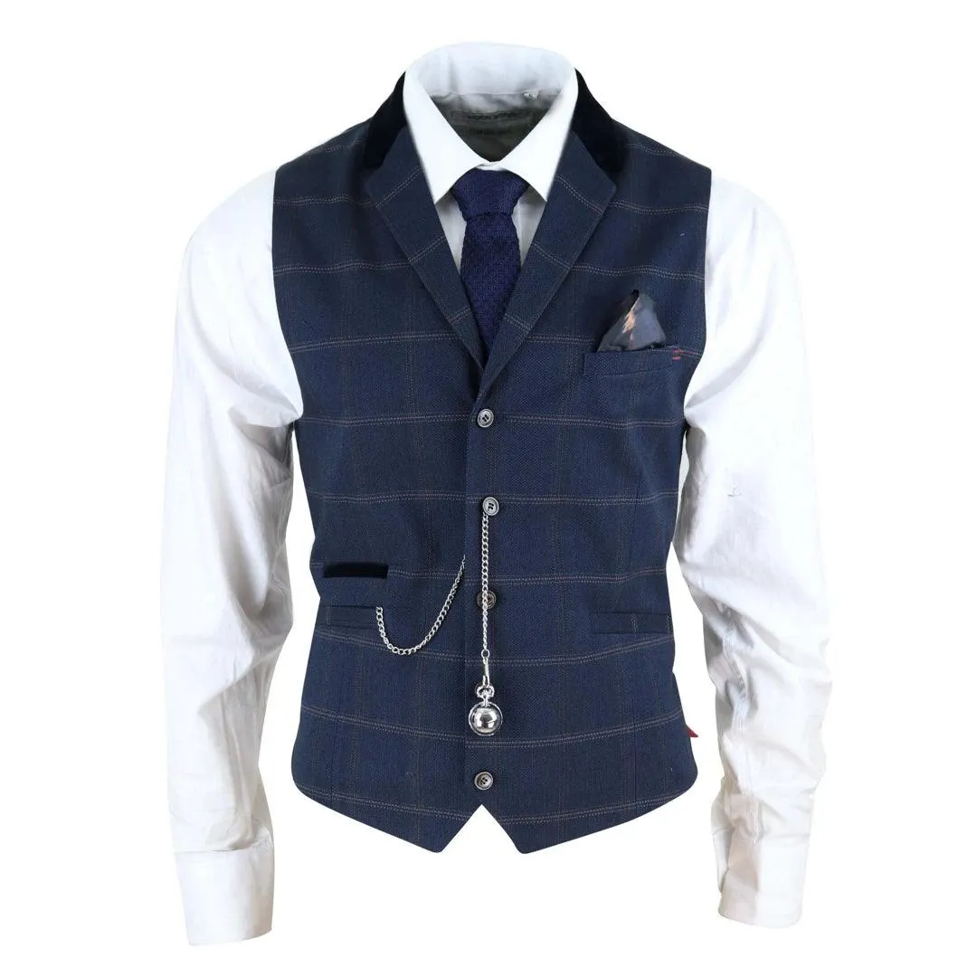 Mens Navy Check Waistcoat with Pocket Watch