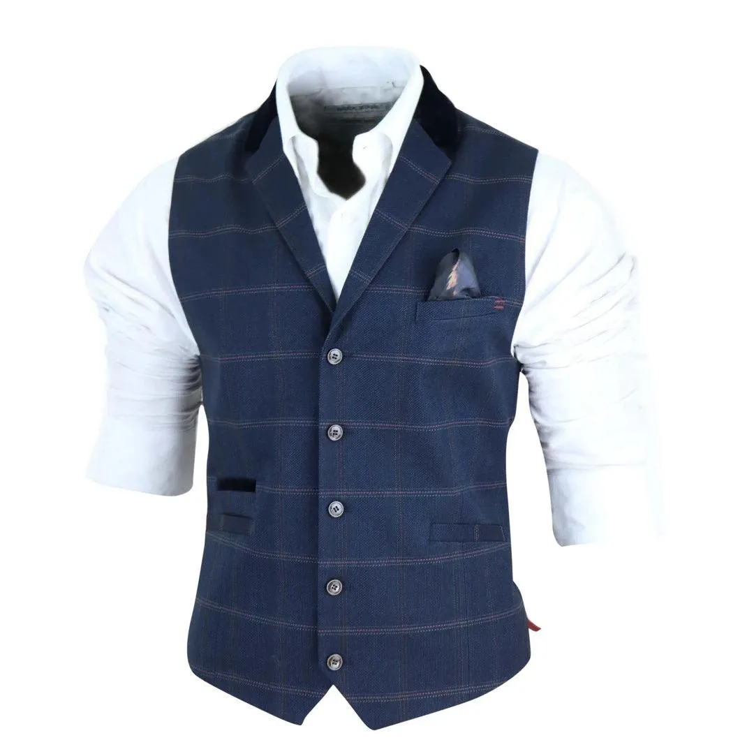 Mens Navy Check Waistcoat with Pocket Watch