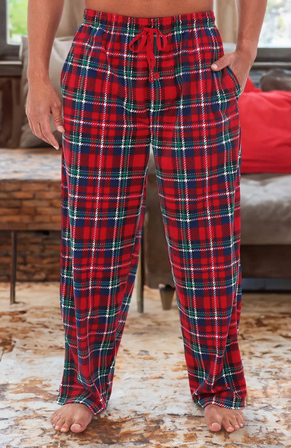 Men's Plush Fleece Pajama Pants with Pockets, Lounge Bottoms