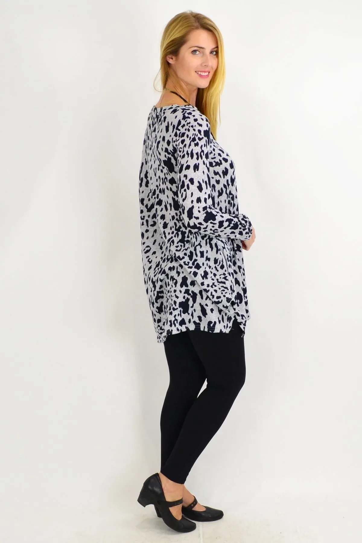 Navy Animal Print Winter Fleece Tunic Top