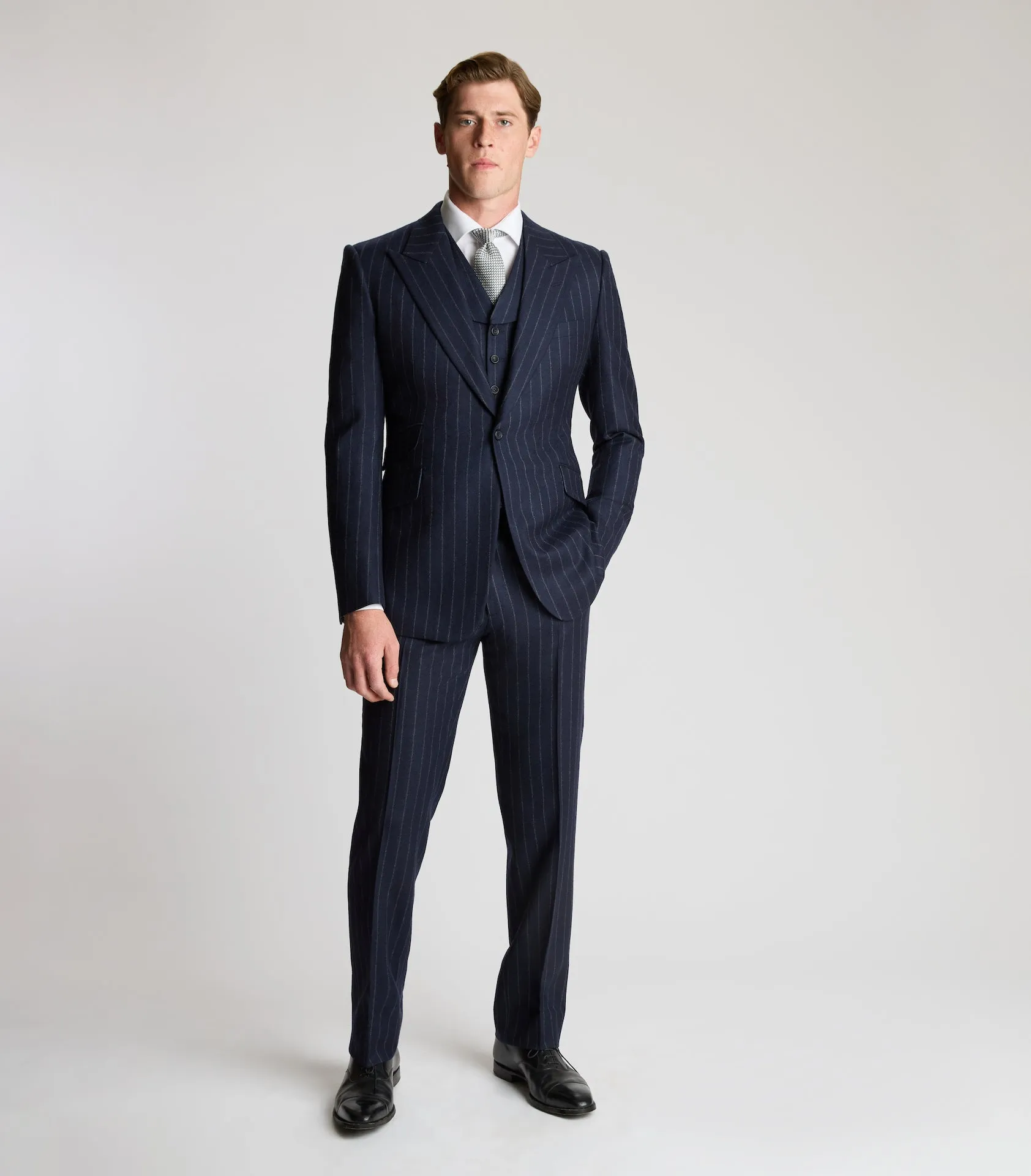 Navy Flannel Chalk Stripe Three-Piece Single Breasted Suit