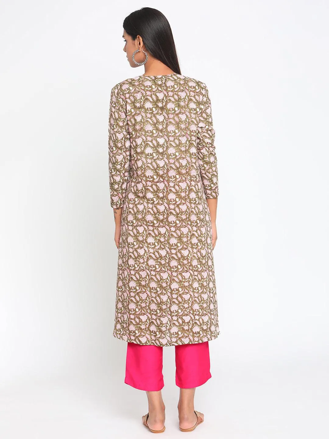 Olive Green Hand Block Printed Flared Silk Kurta Pant Dupatta Set