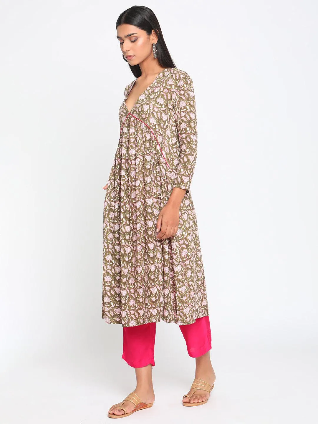 Olive Green Hand Block Printed Flared Silk Kurta Pant Dupatta Set