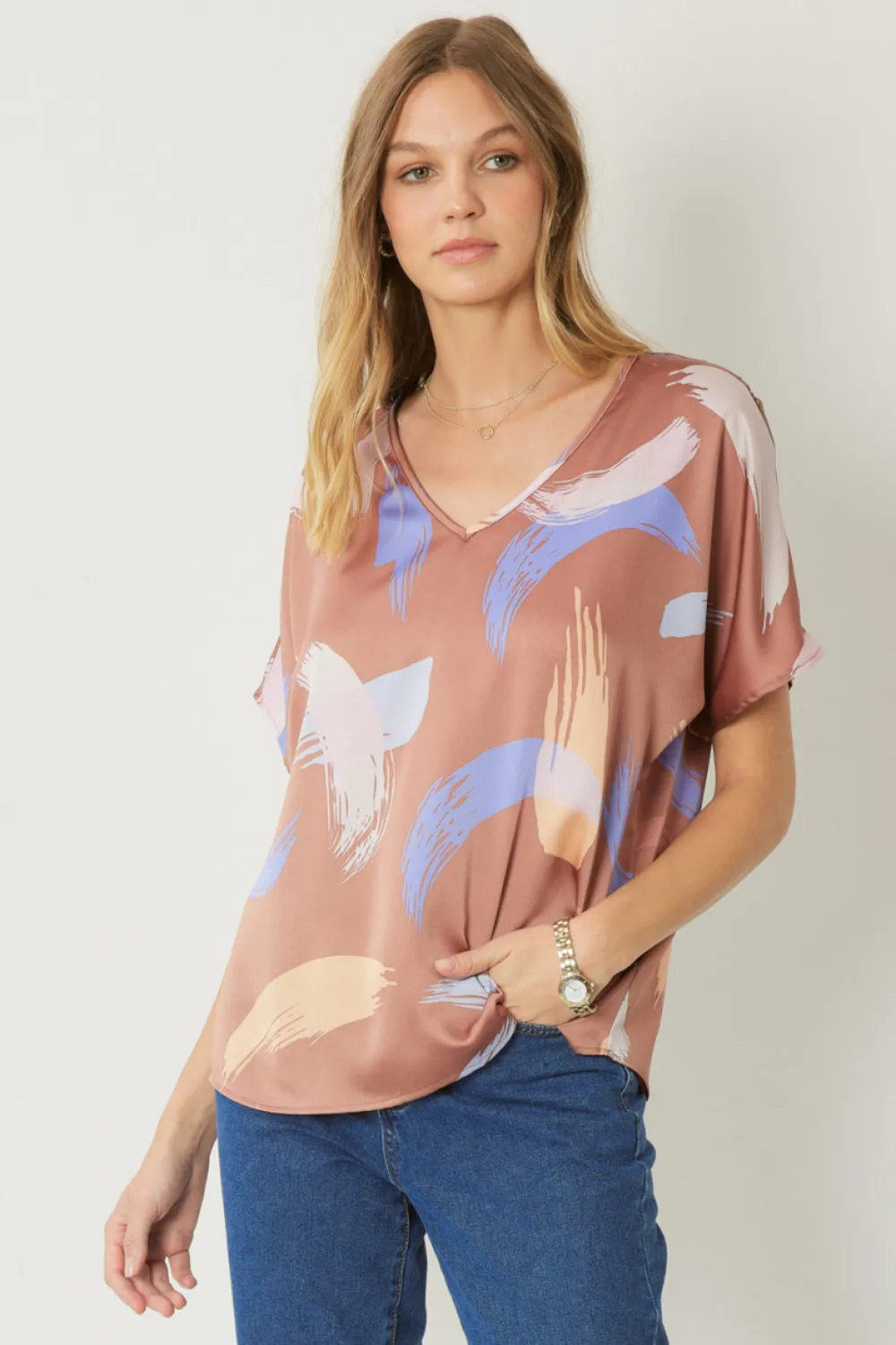 PRINTED V-NECK BLOUSE | BROWN MULTI