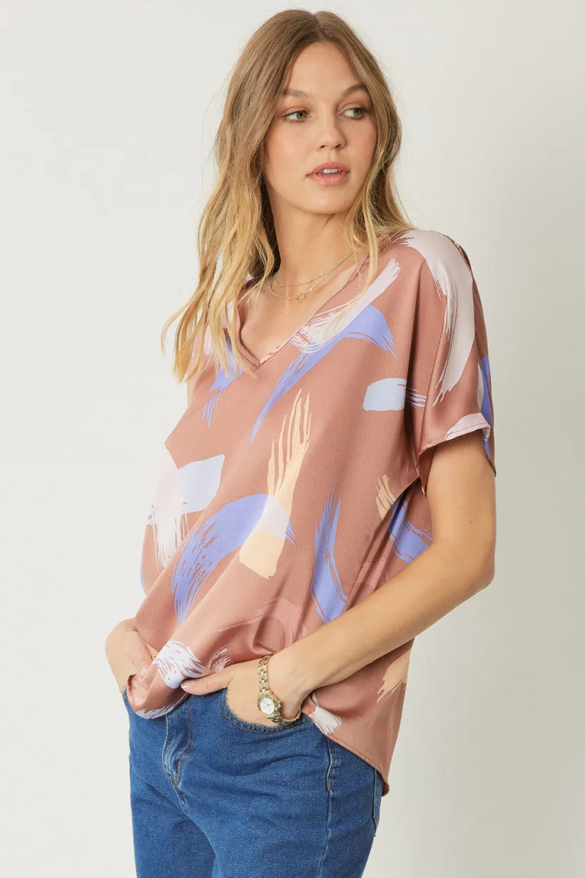 PRINTED V-NECK BLOUSE | BROWN MULTI