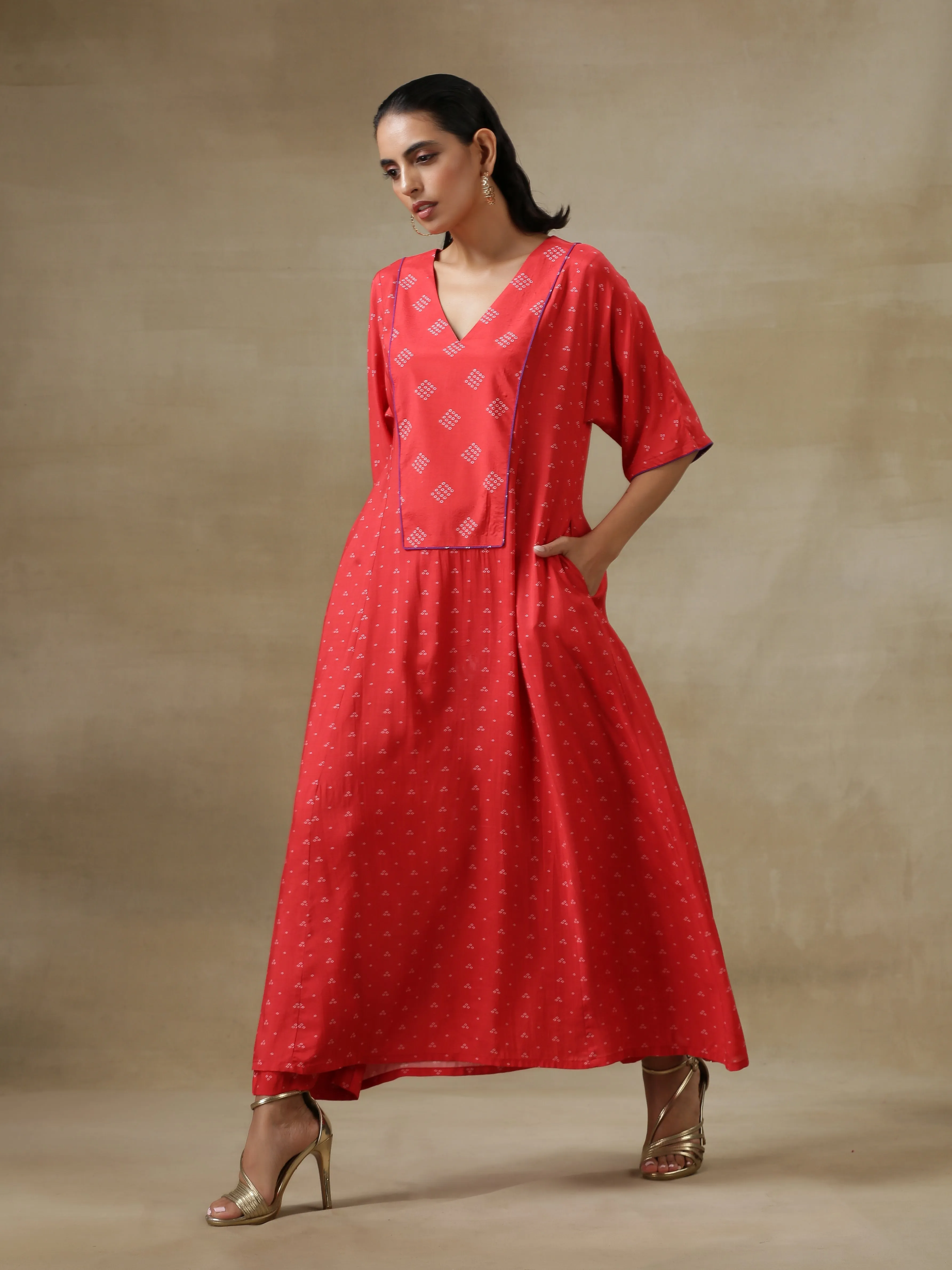 Red Bandhani Printed Silk Long Kurta Pant Set