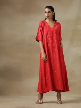 Red Bandhani Printed Silk Long Kurta Pant Set