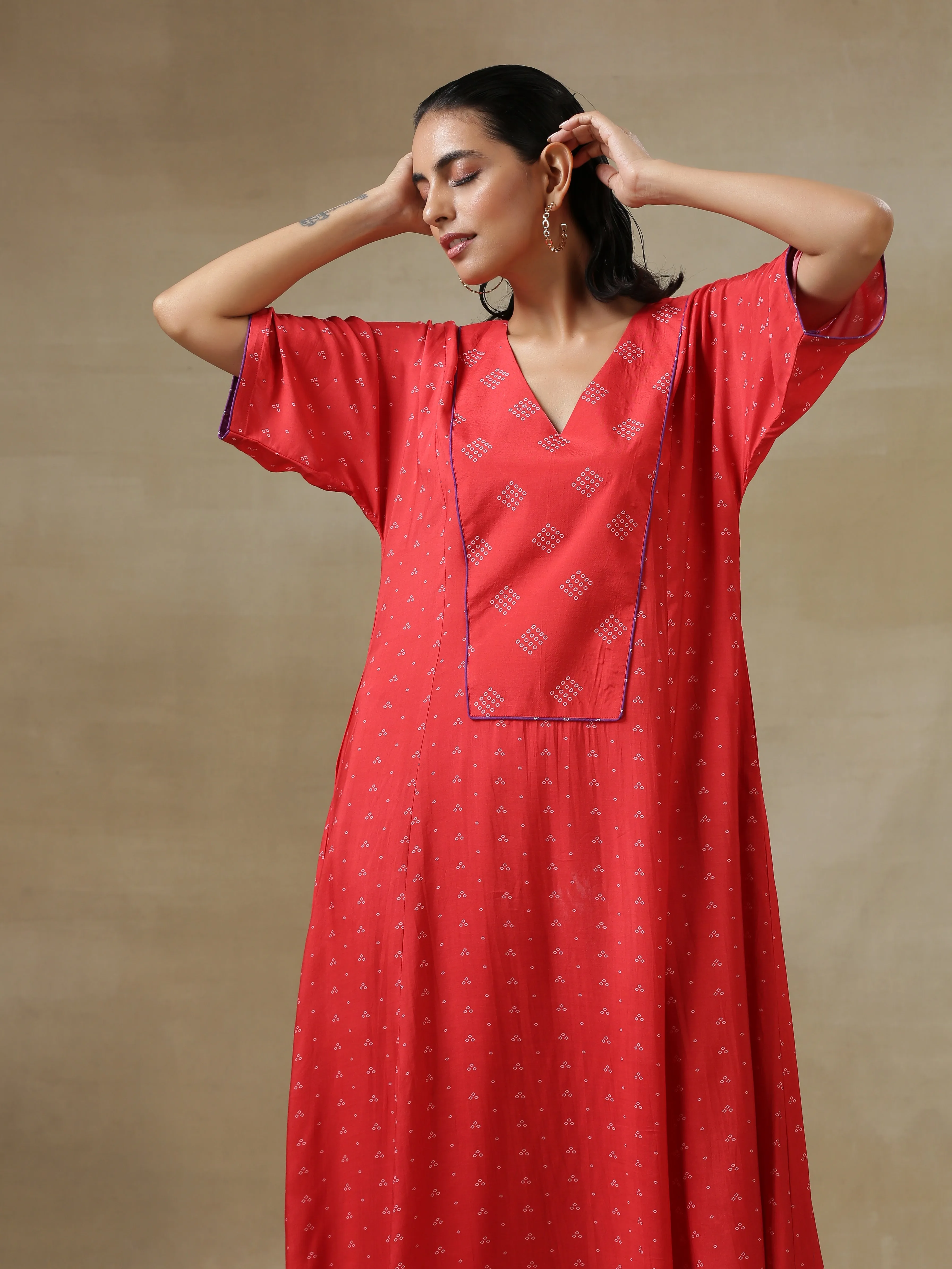 Red Bandhani Printed Silk Long Kurta Pant Set