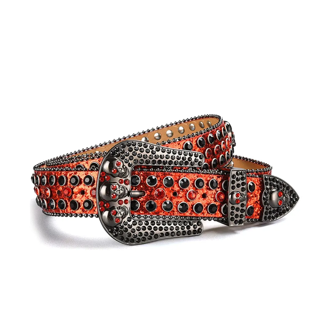 Rhinestone Skull Buckle Shiny Orange Strap With Orange & Black Studded Belt