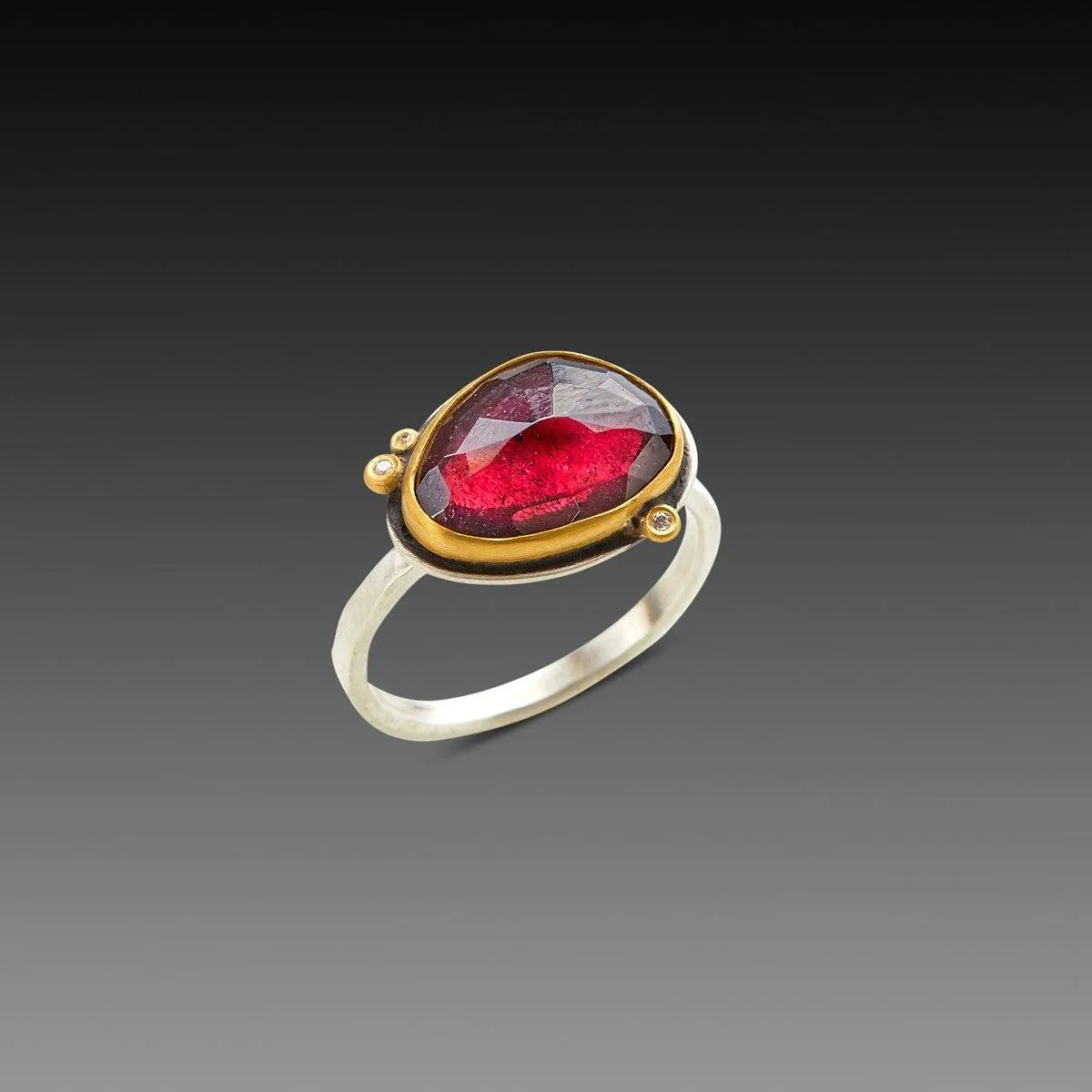 Rose Cut Rhodolite Garnet Ring with Three Diamonds