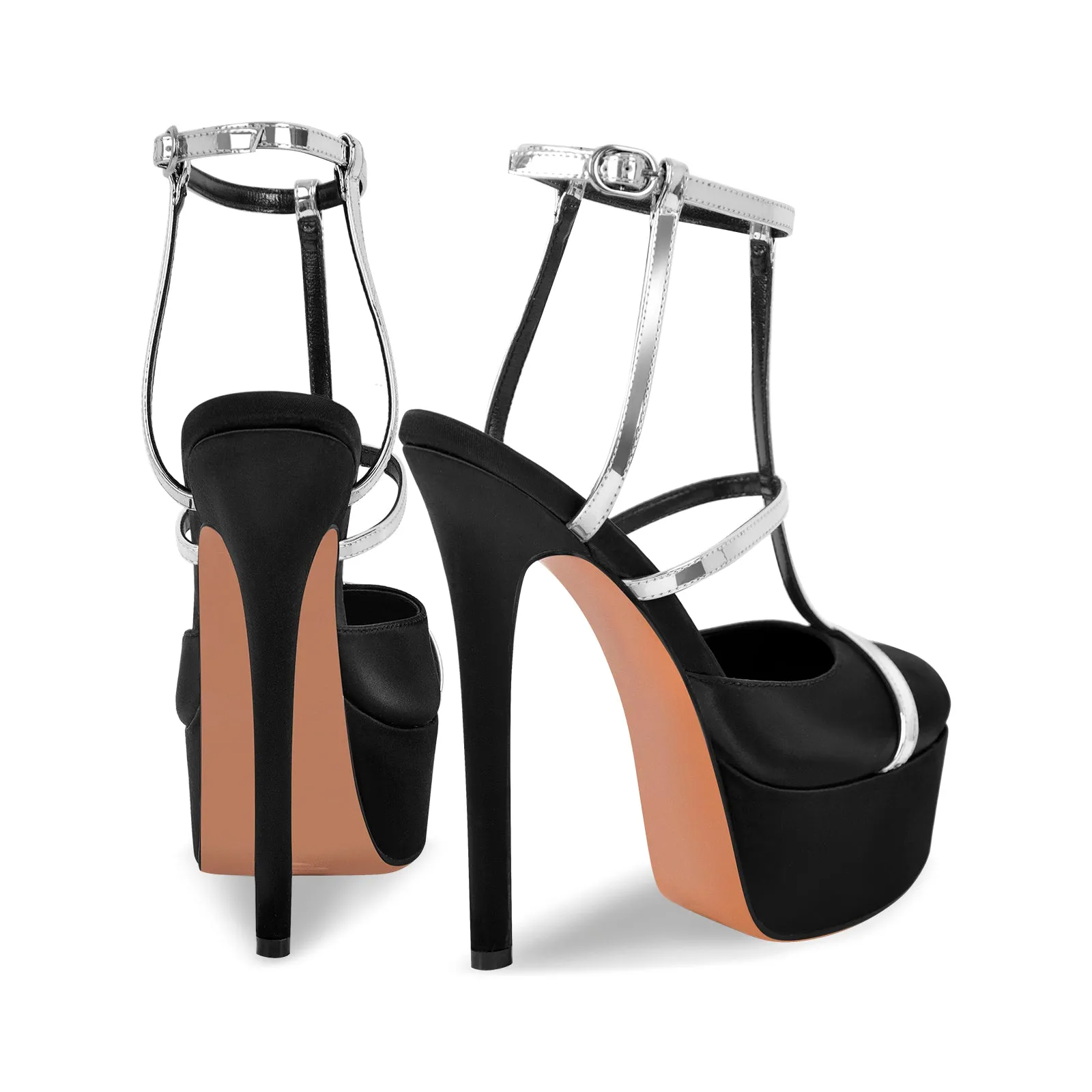 Round Toe T-Strap Platform Stiletto Pumps