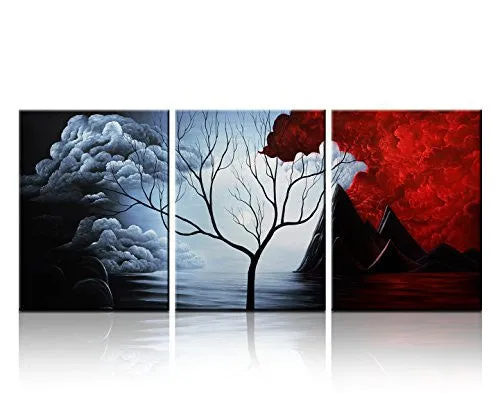 SANTIN ART- MODERN ABSTRACT PAINTING THE CLOUD TREE HIGH Q. WALL DECOR LANDSCAPE PAINTINGS ON CANVAS 12X16INCH 3PCS STRETCHED AND FRAMED READY TO HANG