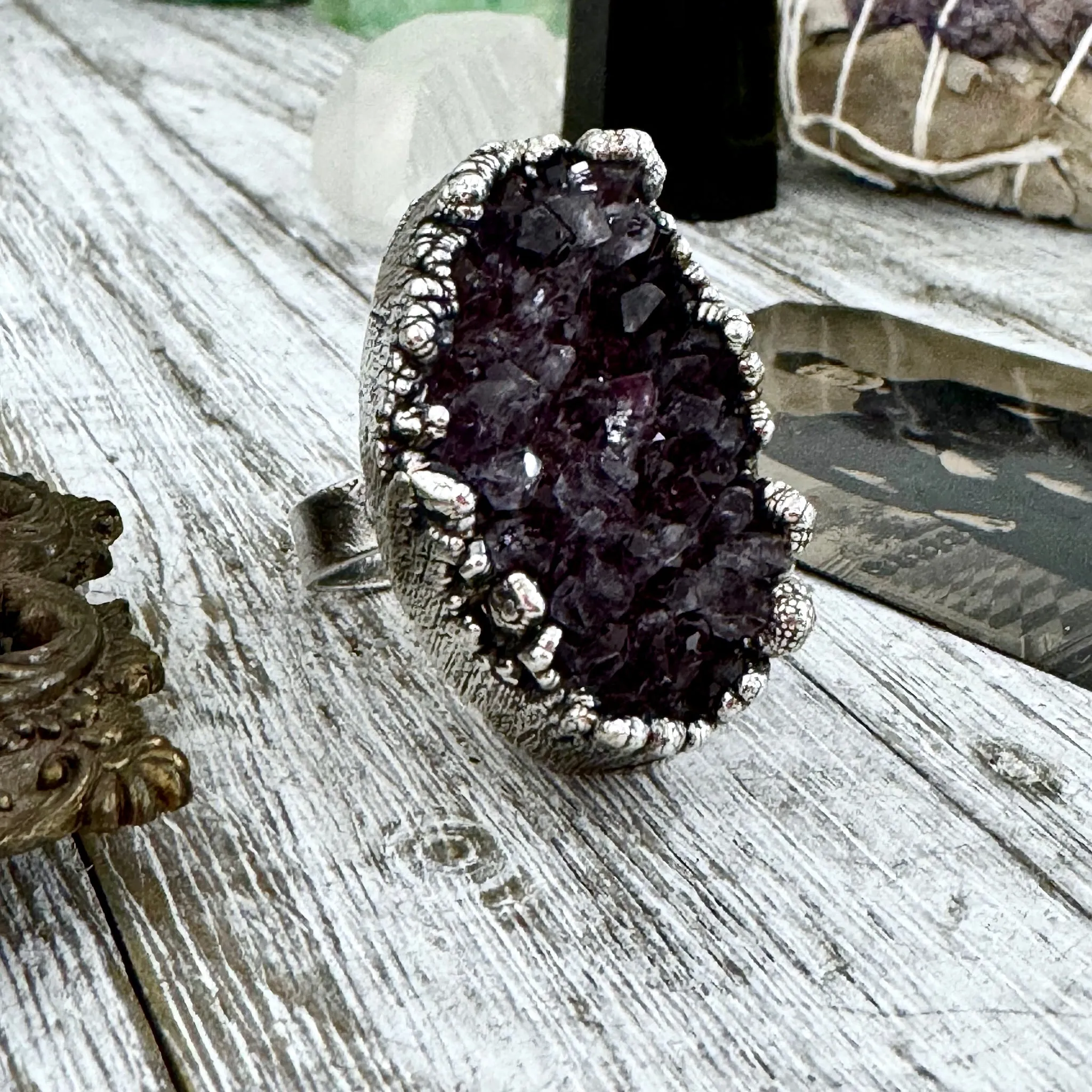 Size 10 Big Raw Amethyst Purple Crystal Ring in Fine Silver / Foxlark Collection