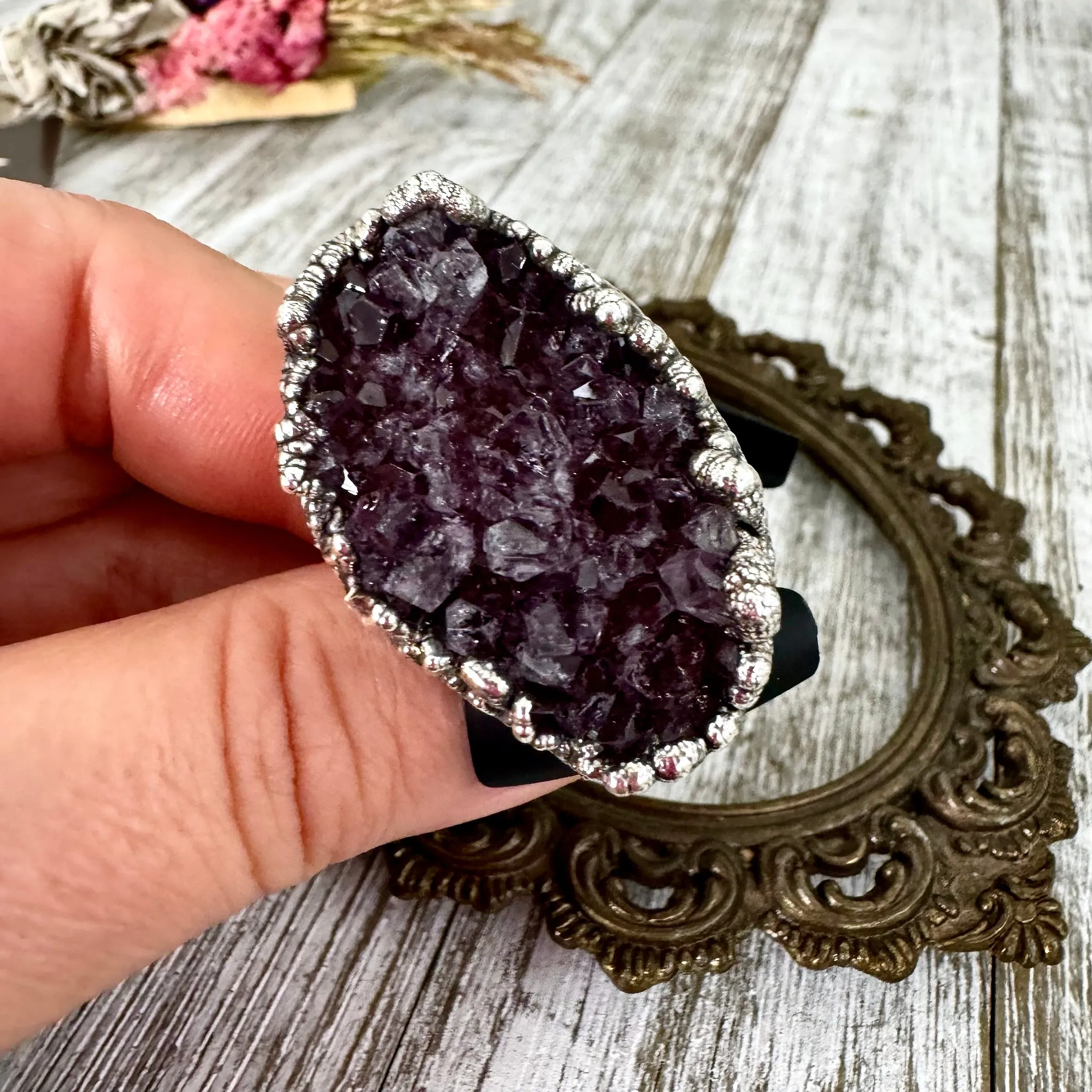 Size 10 Big Raw Amethyst Purple Crystal Ring in Fine Silver / Foxlark Collection