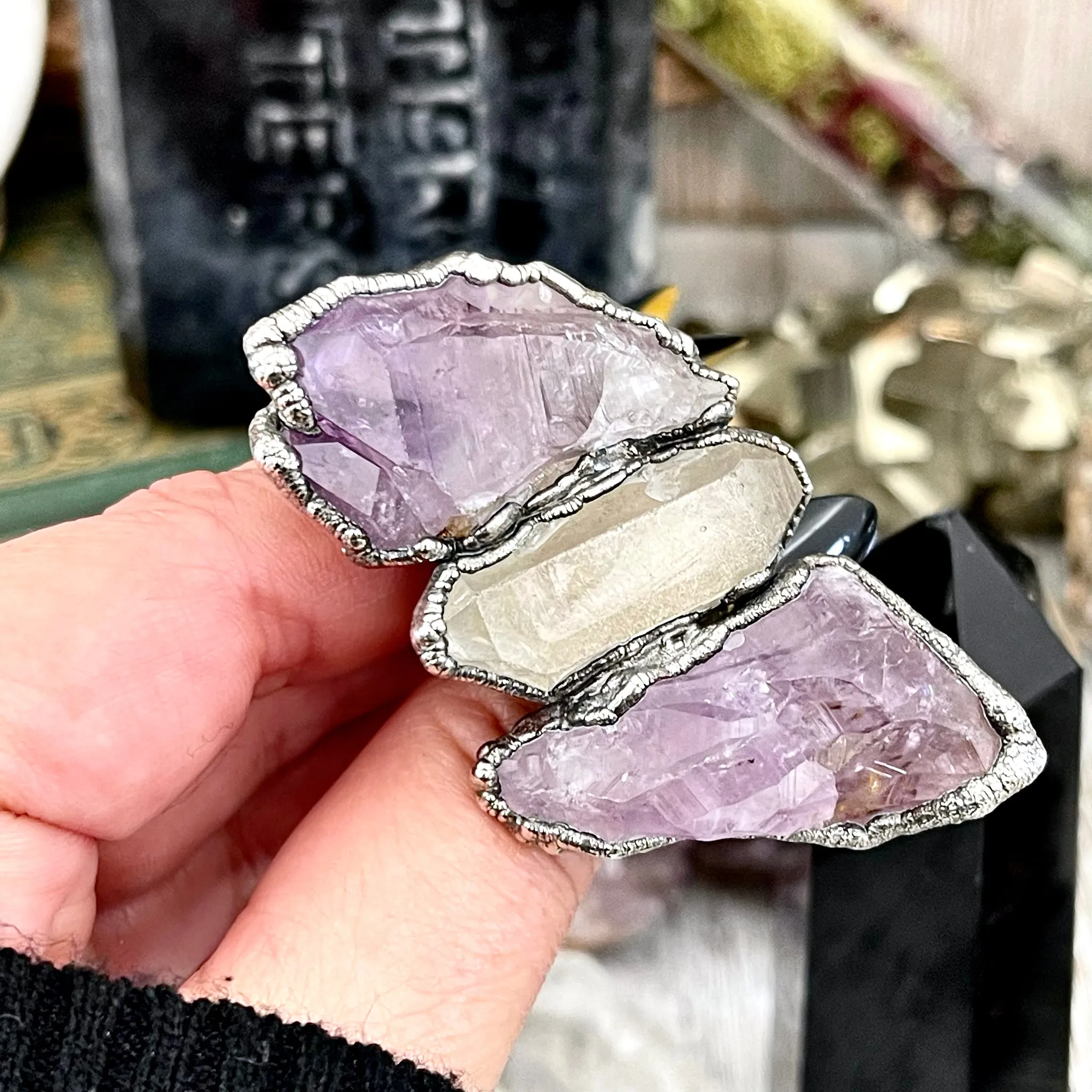 Size 8 Crystal Ring - Three Stone Purple Amethyst Clear Quartz Ring in Silver / Foxlark Collection - One of a Kind