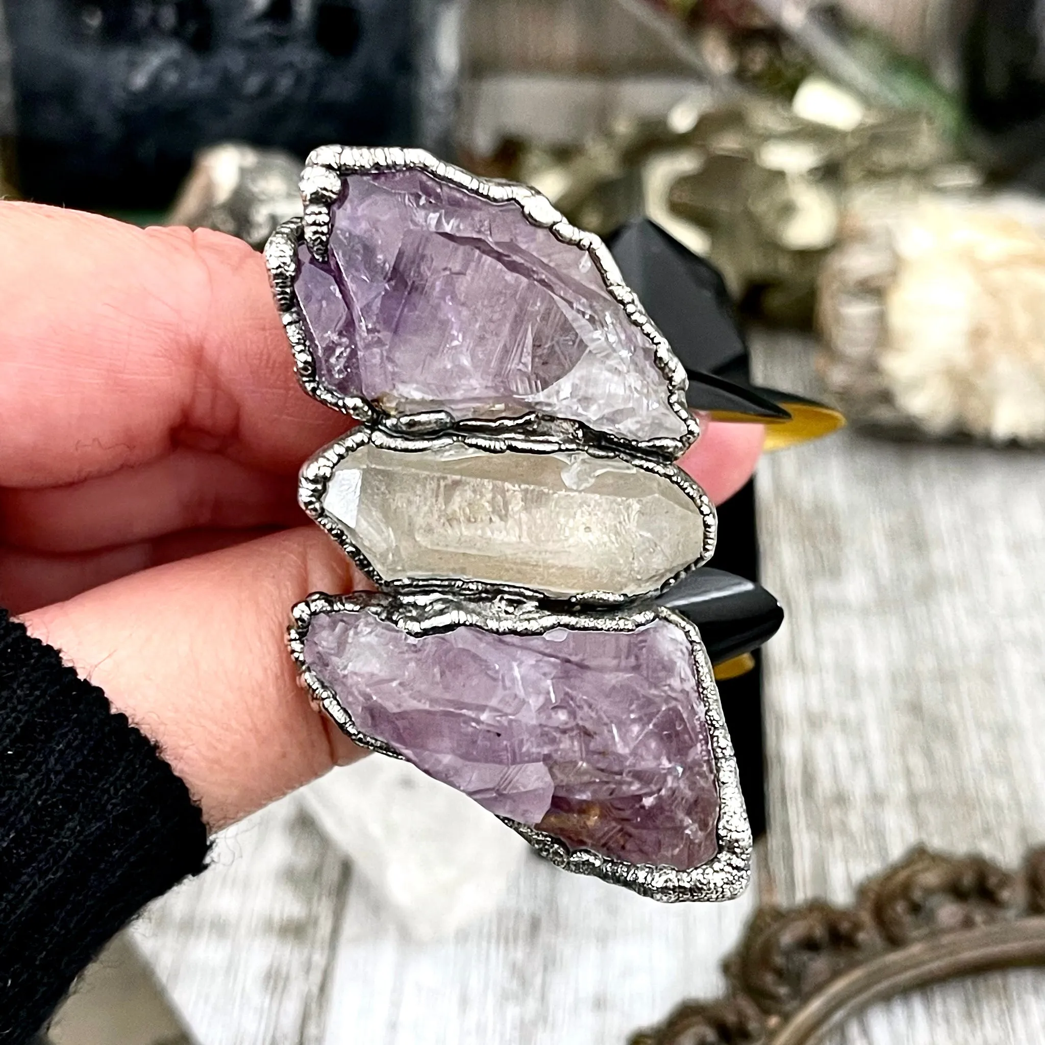 Size 8 Crystal Ring - Three Stone Purple Amethyst Clear Quartz Ring in Silver / Foxlark Collection - One of a Kind