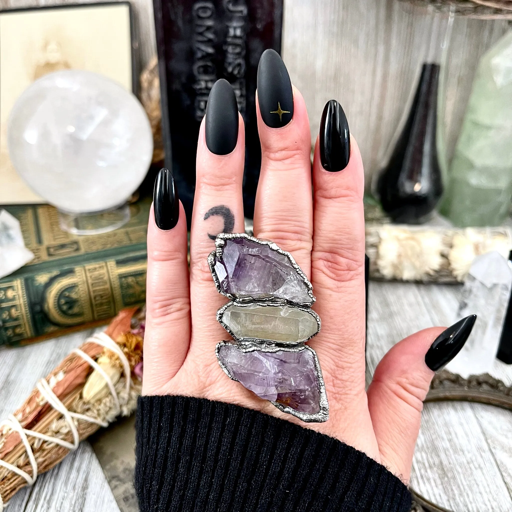 Size 8 Crystal Ring - Three Stone Purple Amethyst Clear Quartz Ring in Silver / Foxlark Collection - One of a Kind