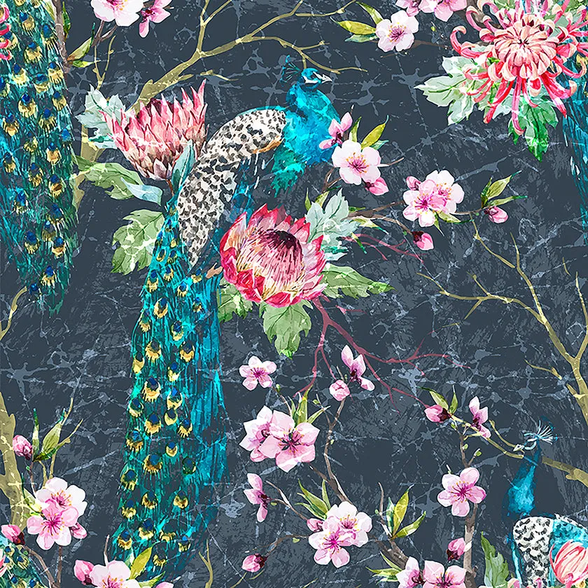 Walter Knabe Elegant Peacock Machine Printed Fabric