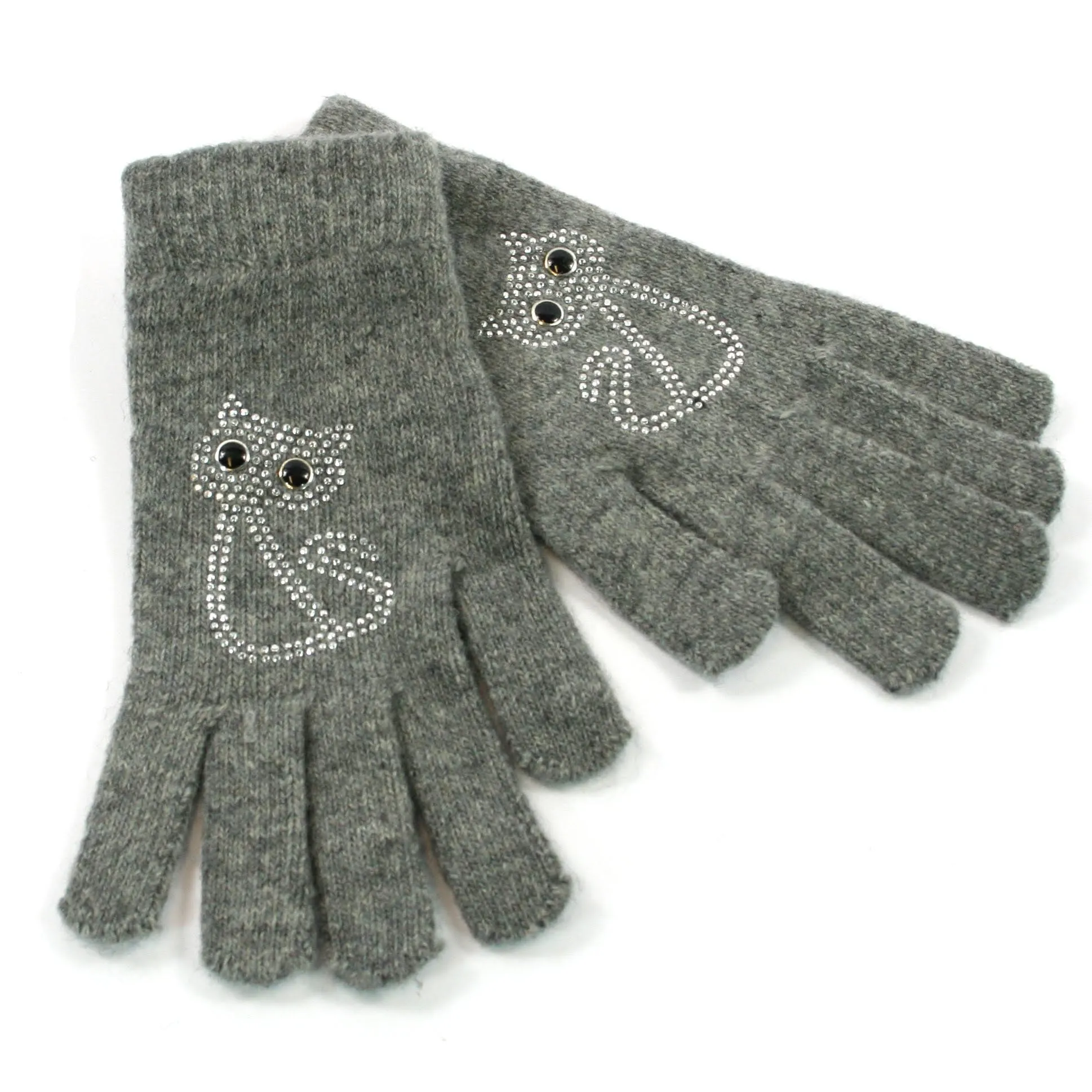 Warm Gloves with a Diamante Cat Pattern