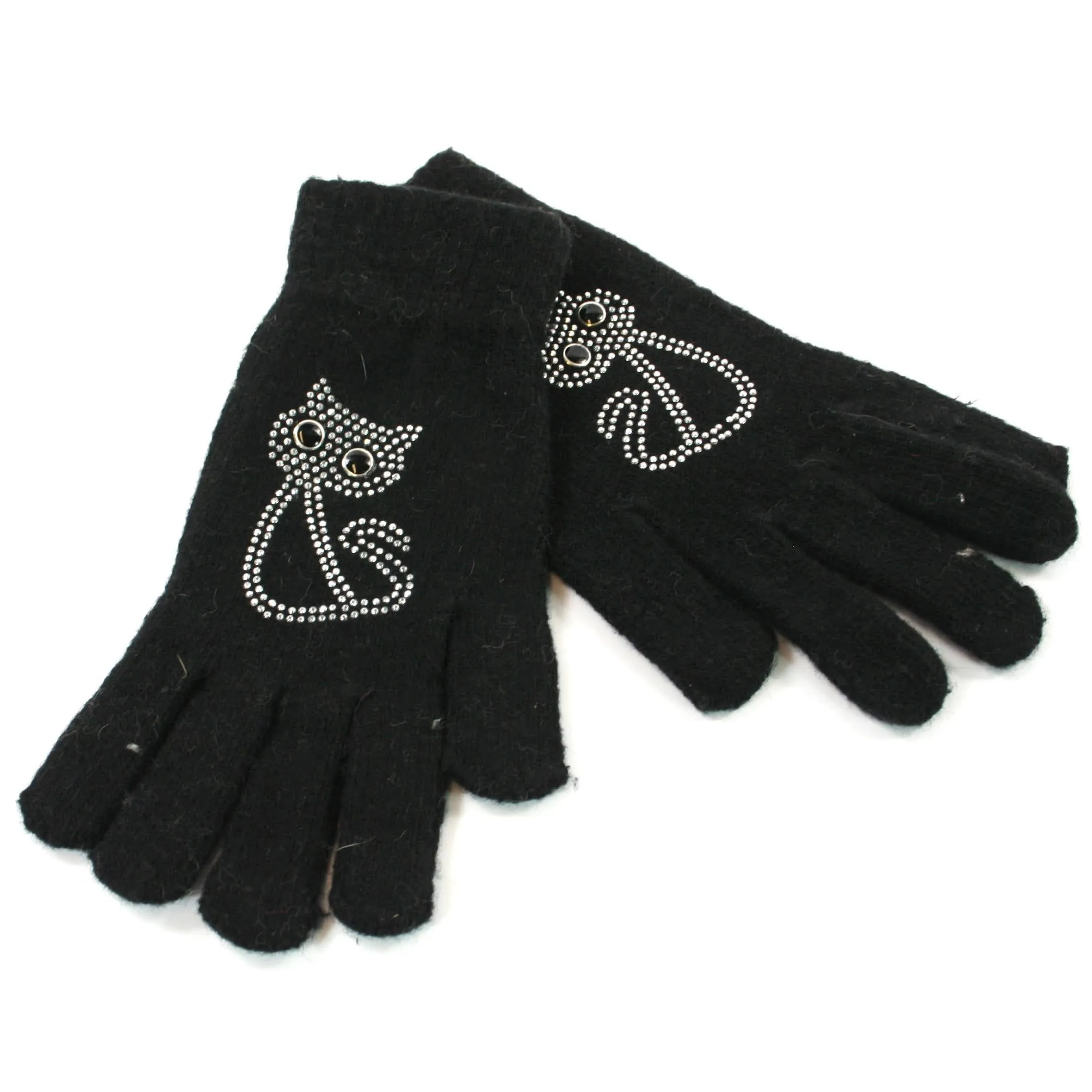 Warm Gloves with a Diamante Cat Pattern