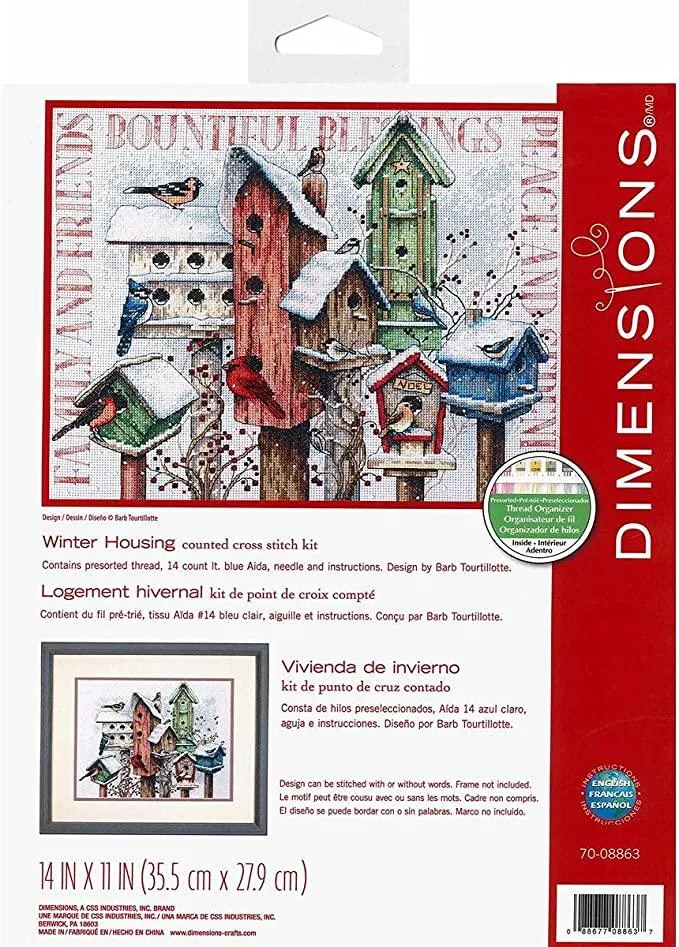 WINTER HOUSING, Counted Cross Stitch Kit, 14 count light blue Aida, DIMENSIONS (70-08863)