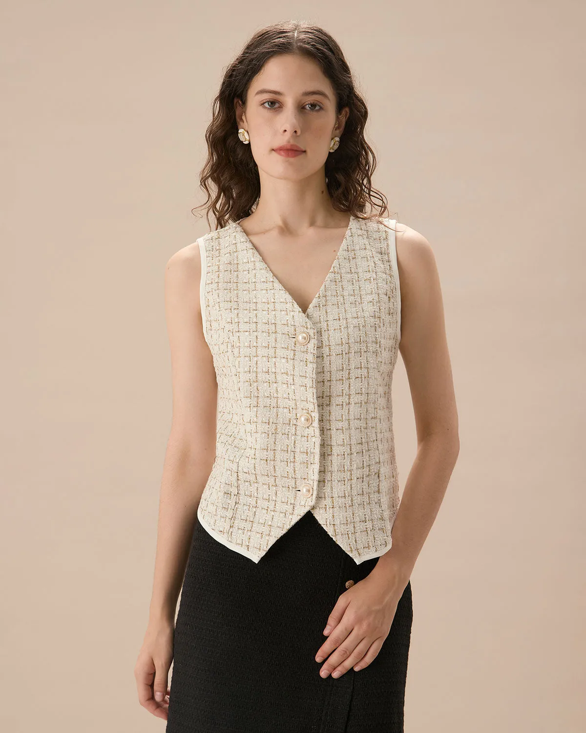 Women's Apricot V-Neck Buttoned Tweed Vest